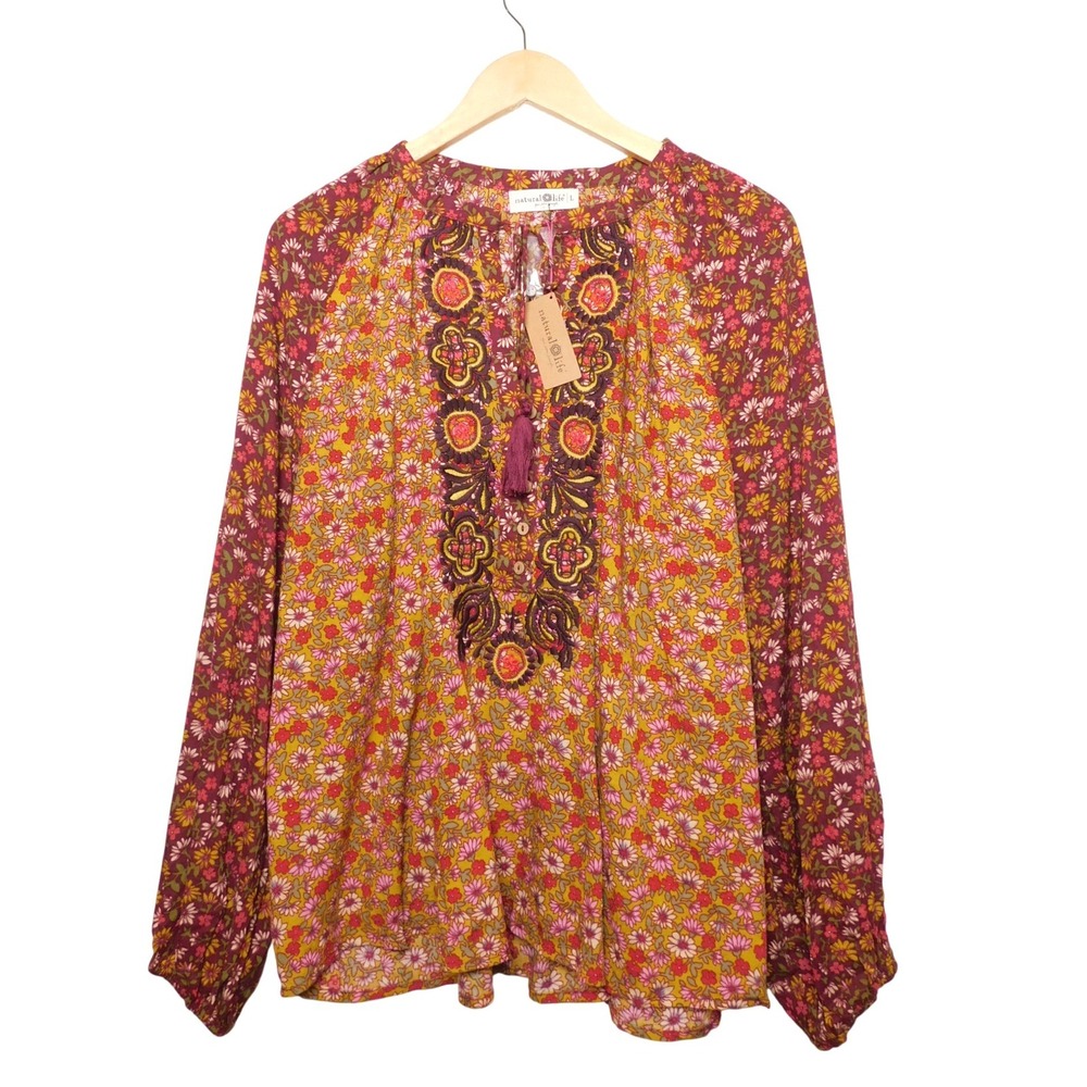 Natural Life Camille Embroidered Tunic Top Floral Boho Tassel Burgundy Large NEW - Picture 2 of 5